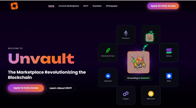 The image shows the "Unvault" homepage, featuring the tagline "The Marketplace Revolutionizing the Blockchain" and an "Apply for Early Access" button. The page displays a network diagram connecting various blockchains (Ethereum, Robinhood Chain, Solana, ApeChain, Sora, Polygon, BNB Chain) with a central illustration labeled "Unvaulting to Abstract," aligning with the post's announcement about Unvault's full-chain NFT trading platform and Genesis NFT Genesis Bugz launch.