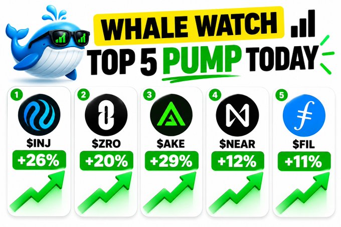 A "Whale Watch: Top 5 Pump Today" graphic lists the five biggest crypto gainers of the day, featuring $INJ (+26%), $ZRO (+20%), $AKE (+29%), $NEAR (+12%), and $FIL (+11%), each displayed with their logo and a green upward chart arrow.