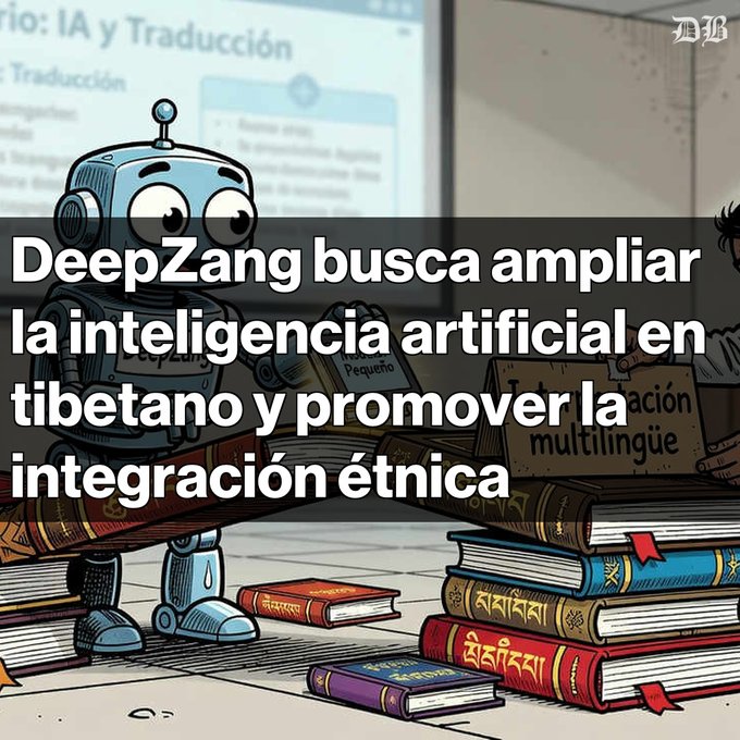 An illustration of a blue robot among stacked books is overlaid with Spanish text reading: 'DeepZang busca ampliar la inteligencia artificial en tibetano y promover la integración étnica.'