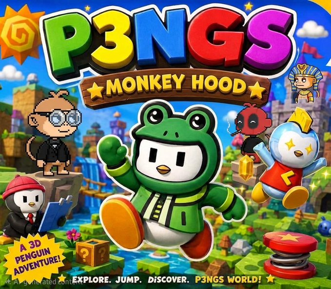 Colorful game artwork titled 'P3NGS MONKEY HOOD' featuring a penguin character in a frog hoodie alongside various cartoon characters, labeled 'A 3D PENGUIN ADVENTURE!'