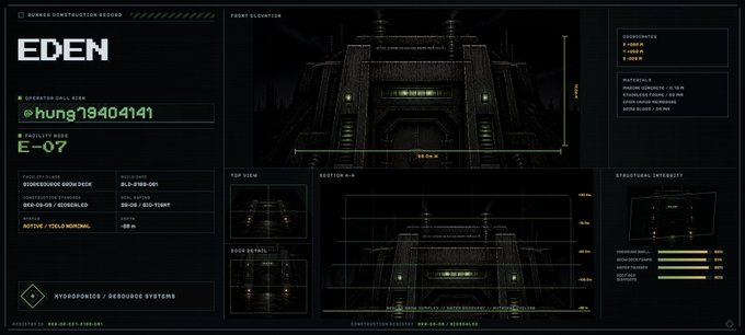 A dark, futuristic blue-themed interface titled "EDEN" and "HUMAN CONSTRUCTION RECORD," displaying technical schematics and dimensional data for a facility designated "E-07" within the "HYDROGENOS : RESOURCE SYSTEMS" category.
