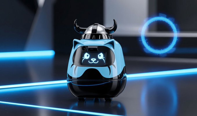 The image features a small, blue and black robot with horns sitting on a table. The robot has a cat face design on its front, giving it a cute appearance. The text above the robot reads "Even in your own colors... @FLOKI Minibot's got more swag than you Luce!". This message is related to the image of the robot and emphasizes its unique features or characteristics.