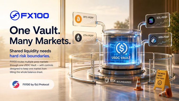 A promotional banner for FX100 by f(x) Protocol showing a central "USDC VAULT" connected to BTC-PERP, ETH-PERP, SOL-PERP, and ARB-PERP markets, with text reading "One Vault. Many Markets. Shared liquidity needs hard risk boundaries," illustrating how one shared USDC vault services multiple perpetual markets. The image visually reinforces the caption's concern about a single counterparty vault being exposed to skew risk if any connected market—BTC, ETH, SOL, or ARB—becomes overly imbalanced.