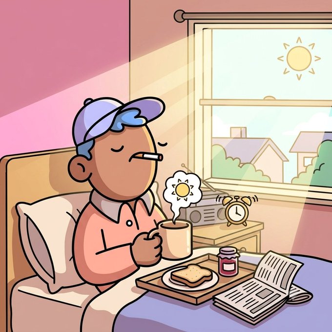 A cartoon man wakes up in bed in the morning, sipping coffee and smoking with a thermometer in his mouth, while breakfast (toast and jam) waits on a tray beside an alarm clock and newspaper. The illustration visually embodies the post's message about putting in daily effort and rewarding yourself, depicting the small morning routine that fuels productive days.