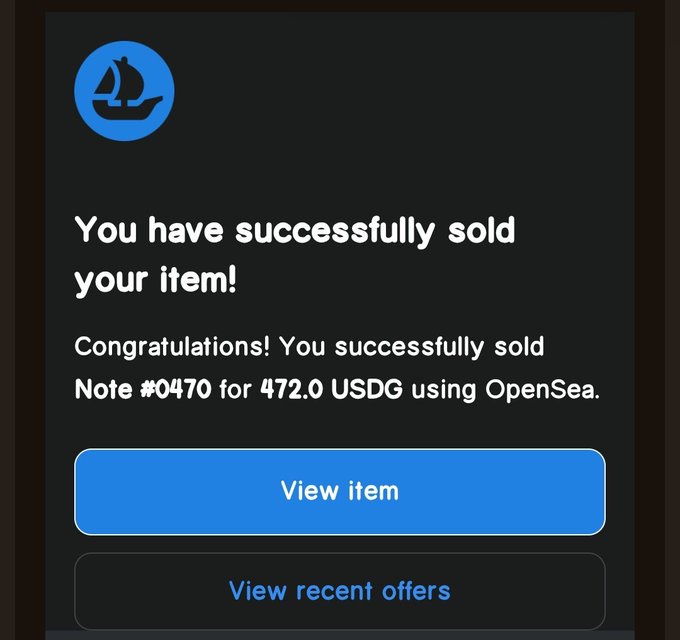 A confirmation notification from OpenSea showing the successful sale of a "The Reserve" NFT (Note #0470) for 472.0 USDG, which the poster attributes to fellow collector @Trappwurld.