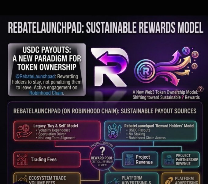 An infographic titled 'REBATELAUNCHPAD: SUSTAINABLE REWARDS MODEL' explaining USDC payouts and contrasting the legacy 'Buy & Sell' model with the new 'Reward Holders' Model on Robinhood Chain.