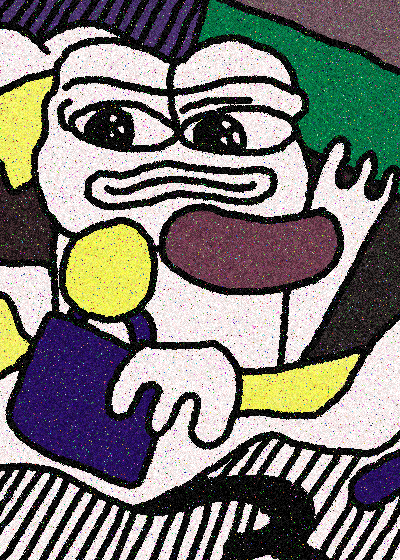 A bold, pop-art style illustration depicts a stylized figure with exaggerated features, large eyes, and bright colors including purple, yellow, green, and black.
