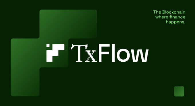 The image displays the TxFlow logo with the tagline "The Blockchain where finance happens," promoting the project alongside a post about its perpetual DEX launch and $66M daily volume on Defillama.