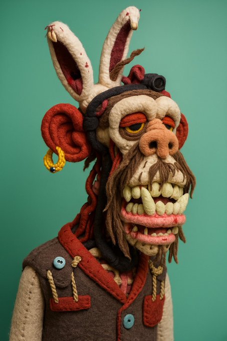 The image features a cartoon monkey wearing a brown vest, red shirt, and yellow earrings with rabbit ears. The monkey has a large nose and teeth, giving it an odd-looking appearance. The background of the image is green, which contrasts with the monkey's outfit. There are no texts or other objects in the image, making the focus solely on the cartoon monkey.