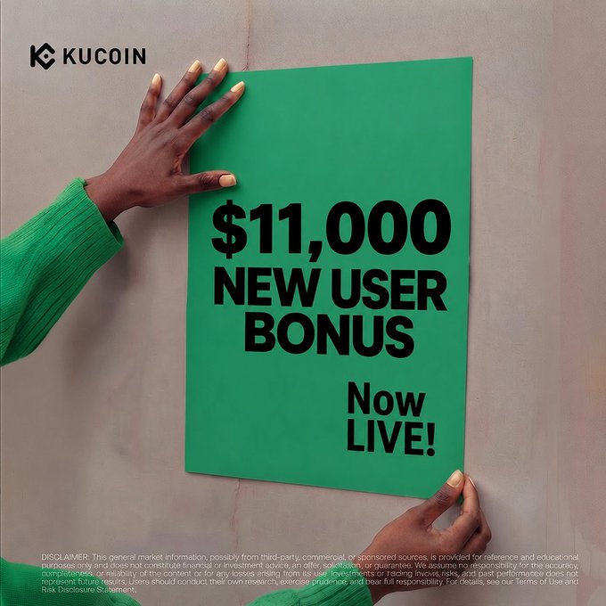 A KuCoin promotional poster is held against a wall, featuring bold black text on a green background advertising a "$11,000 NEW USER BONUS Now LIVE!" alongside the KuCoin logo, directly promoting the sign-up bonus campaign with a link to register new users on the platform.