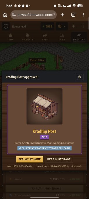 A mobile screenshot of a blockchain game interface at 'pawsofsherwood.com' showing a 'Trading Post approved!' notification for an Epic-tier Trading Post that 'earns AMZN reward points: 2×2', with options to deploy at home or keep in storage.