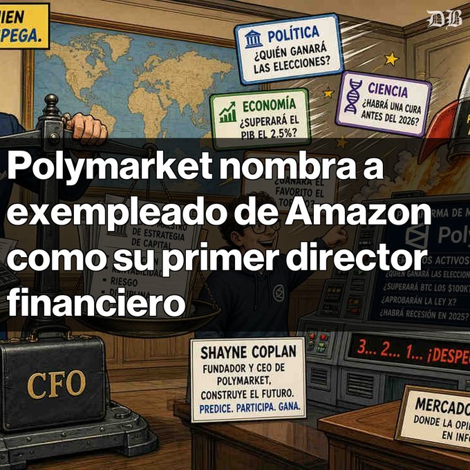 The image shows an illustrated prediction market-style room featuring world maps and Spanish-language betting categories like "POLÍTICA" (who will win elections), "ECONOMÍA" (whether GDP will exceed 2.5%), and "CIENCIA" (whether there will be a cure before 2026), with a briefcase labeled "CFO" and a card introducing Shayne Coplan as Polymarket's founder and CEO. The headline announces that Polymarket has named Warren Jenson, a former Amazon, Electronic Arts, Delta Air Lines, and NBC executive, as its first CFO reporting to Coplan, coinciding with the platform's US expansion under CFTC regulation.