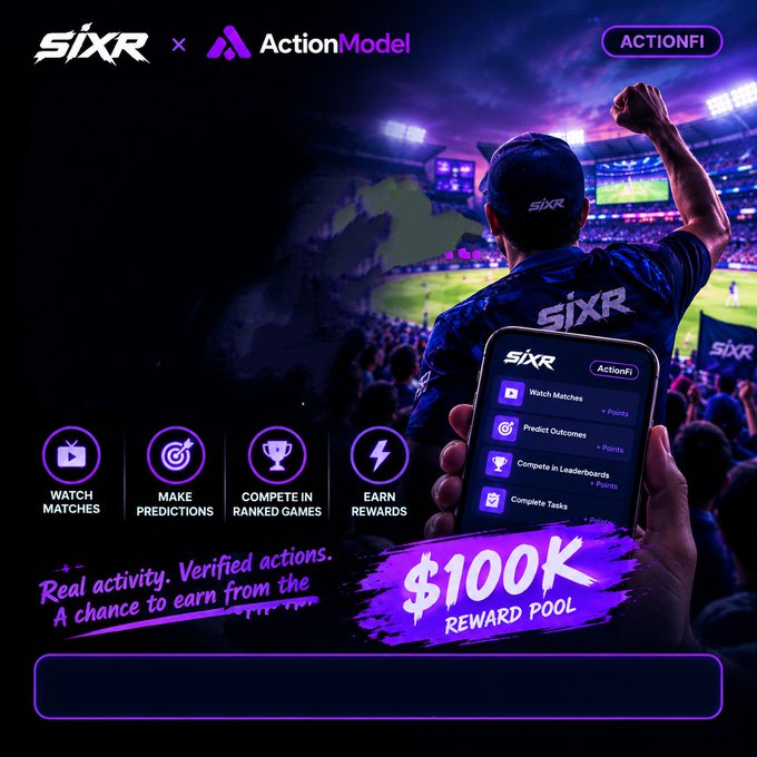 Promotional banner for SIXR x ActionModel 'ACTIONFI' platform showing a fan at a sports stadium holding a phone with a $100K reward pool, featuring options to watch matches, make predictions, compete in ranked games, and earn rewards.