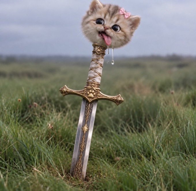 A whimsical digital creation shows a cute cat's head with a pink bow and tongue sticking out, mounted on the hilt of an ornate medieval sword stuck into a grassy field.