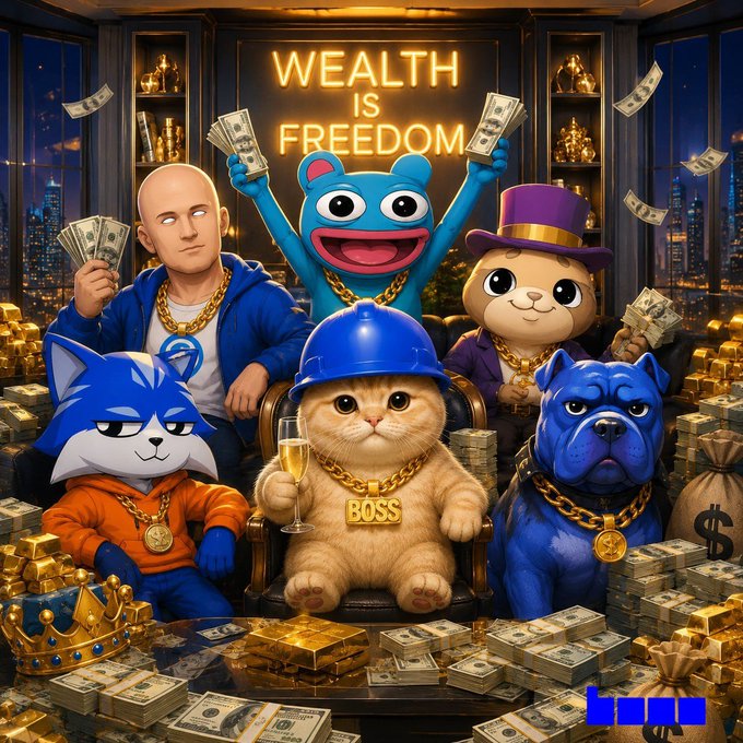 A neon "WEALTH IS FREEDOM" sign glows above a lavish scene featuring cartoon mascots—including a blue Sonic-like fox, a chubby cat wearing a "BOSS" chain, a bulldog, a top-hatted hamster, and a bald figure—all surrounded by stacks of cash and gold bars, capturing the post's boast that "life on base is just better" with an exaggerated display of opulence and luxury.