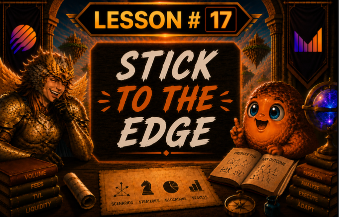 A fantasy-styled trading lesson graphic titled 'LESSON #17 – STICK TO THE EDGE,' featuring a golden armored king, a smiling orange creature, and tags like VOLUME, FEES, TVL, LIQUIDITY, SCENARIOS, STRATEGIES, ALLOCATIONS, RESEARCH, ANALYZE, EXECUTE, and ADAPT.