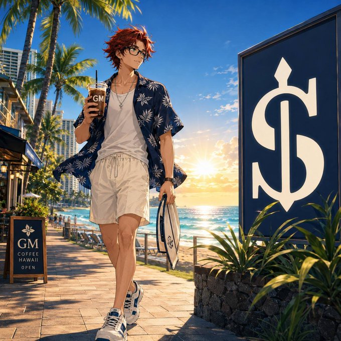 Anime-style illustration of a red-haired man with glasses wearing a Hawaiian shirt and white shorts, holding a GM coffee cup and shopping bag in a tropical beach setting near a large SS logo sign.