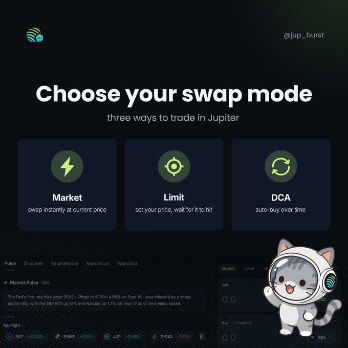 A Jupiter cryptocurrency app advertisement displays 'Choose your swap mode' with three options: Market, Limit, and DCA, featuring a cartoon cat mascot in an astronaut helmet.