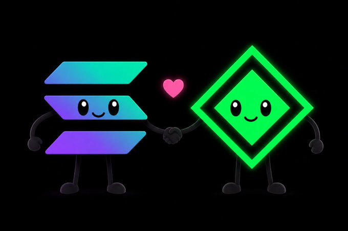 A cartoon illustration of the Solana logo character and a green diamond-shaped character (resembling the Binance logo) shaking hands with a pink heart floating between them against a black background.