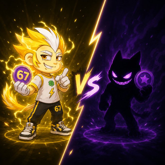 A cartoon-style illustration showing a yellow monkey-like character with lightning powers holding a '67' token on the left, facing off 'VS' against a shadowy black cat character holding a purple star token on the right.