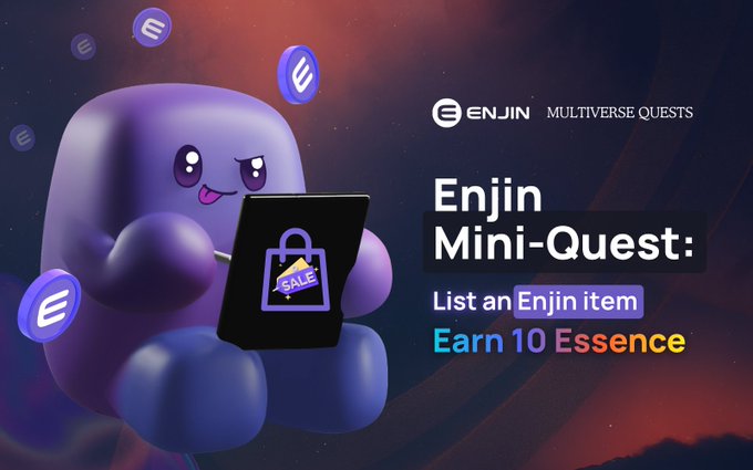 The image features a purple Enjin Mini-Quest character sitting with a laptop computer, which has a "Sell" sign on it. The background of the image is dark blue with red and orange colors scattered throughout. The text at the bottom of the image reads "New Enjin Mini-Quest List any NFT on @nft_io and earn 10 Multiverse Essence".