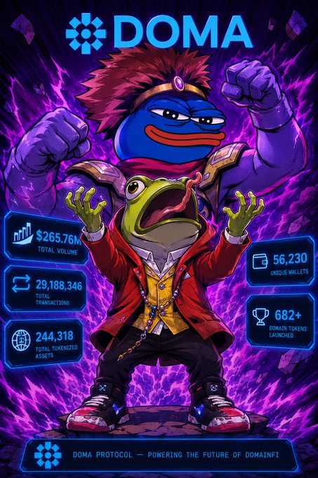 A stylized promotional graphic for Doma Protocol features an anthropomorphic frog in a red coat alongside a larger blue mascot, set against a vibrant purple background. Surrounding stats confirm key milestones: $265.76M total volume, 29,188,346 transactions, 244,318 tokenized assets, 56,230 unique wallets, and 682+ domains launched, with the tagline "DOMA PROTOCOL — POWERING THE FUTURE OF DOMAINFI."
