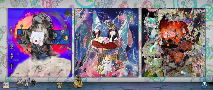 Three vibrant mixed-media paintings featuring cartoon characters and abstract elements are displayed side by side on a wall with graffiti-style borders, with small figurines placed on the floor beneath them.