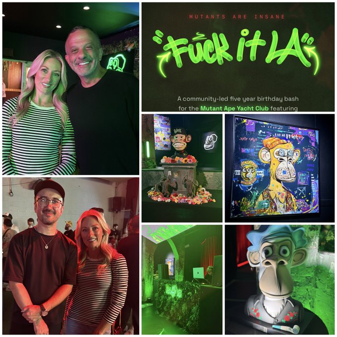 A collage of photos from a "Fuck it LA" event, described as "A community-led five year birthday bash for the Mutant Ape Yacht Club," featuring attendees and NFT artwork displays.