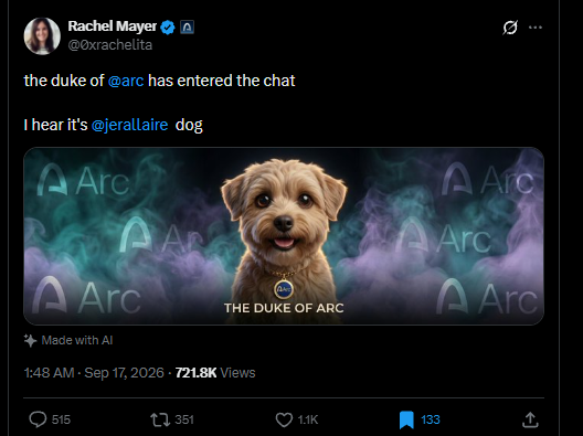 A post by Rachel Mayer (@0xrachelita) with the text 'the duke of @arc has entered the chat - I hear it's @jerallaire dog', featuring an AI-generated image of a fluffy puppy labeled 'THE DUKE OF ARC'.