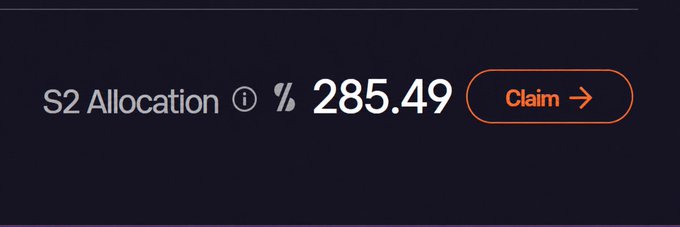 A dark interface shows the user's Solstice Season 2 (S2) allocation of 285.49 tokens alongside a "Claim" button, which the post identifies as $SLX tokens worth approximately $26, despite holding over $1,200 in LP and stablecoins in the wallet.