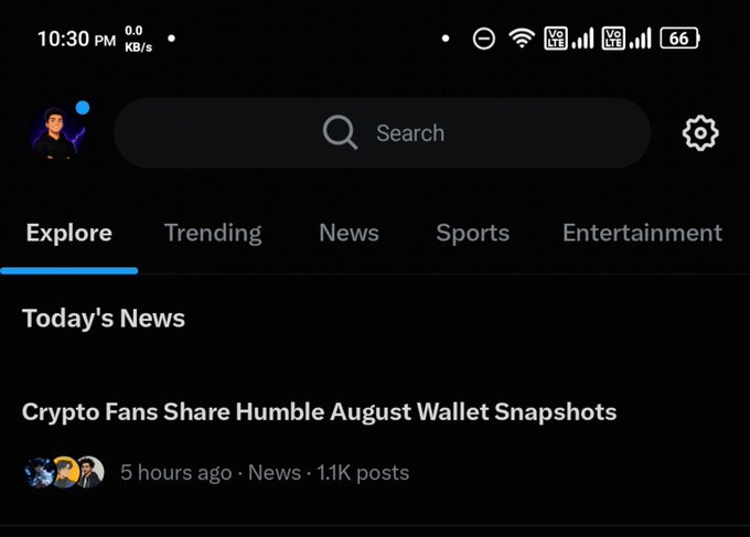 A smartphone screenshot showing the Explore tab of a social media app at 10:30 PM, featuring a search bar, navigation tabs (Trending, News, Sports, Entertainment), and a 'Today's News' headline: 'Crypto Fans Share Humble August Wallet Snapshots.'