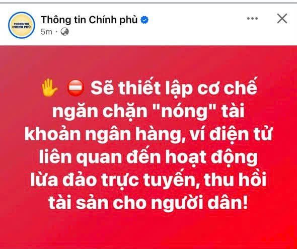 A Facebook post from "Thông tin Chính phủ" (Government Information) with a red background and Vietnamese text about establishing mechanisms against "hot money" related to online fraud.