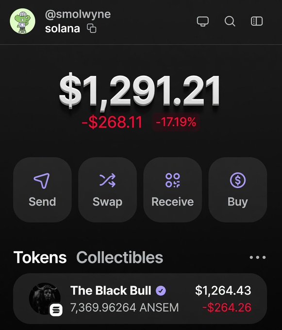 A screenshot of a Solana wallet (@smolwyne) shows a portfolio value of $1,291.21, down $268.11 (-17.19%), with the top holding being "The Black Bull" at $1,264.43 (7,369.96264 ANSEM, -$264.26). The image illustrates the poster's personal financial stake in the ANSEM token, underscoring their message that despite missing the airdrop, they remain committed to the community and continuing to contribute long-term.
