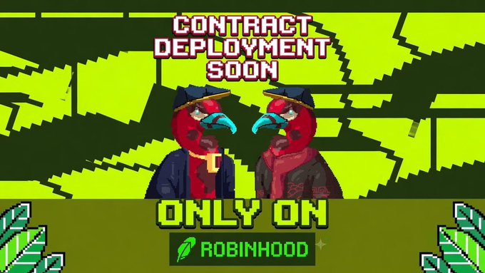 A retro pixel-art promotional graphic featuring two anthropomorphic ravens in red bandanas and caps against a green glitchy background, announcing "CONTRACT DEPLOYMENT SOON" and "ONLY ON ROBINHOOD," tying into the post's tease of an upcoming Raven partnership and contract launch on the Robinhood platform.