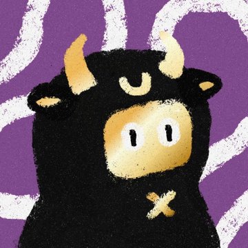 A cartoon black bull-like creature with yellow horns and snout stands against a purple background with white swirls, visually representing the "legend" mentioned in the post who acquired 60 $AGNTS tokens. The image has a playful, mascot-like quality fitting the celebratory tone of a crypto "alignment" acquisition announcement.