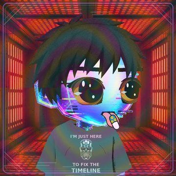 An anime-style chibi character with dark hair and glitch effects stands in a red-lit futuristic hallway, with text reading 'I'M JUST HERE TO FIX THE TIMELINE'.