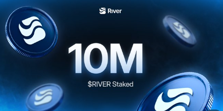 The image features a large blue coin with white "R"s on it, surrounded by smaller blue coins. The text above the coin reads "10M worth of $RIVER staked in @RiverdotInc is a strong signal that more holders are choosing long-term commitment over short-term trading". This suggests that the image might be related to cryptocurrency or token investments and could potentially be promoting a specific token or investment opportunity.