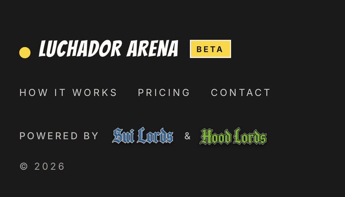 A website footer for 'LUCHADOR ARENA BETA' showing navigation links 'HOW IT WORKS', 'PRICING', 'CONTACT', and 'POWERED BY Kui Lords & Hood Lords' with a 2026 copyright.