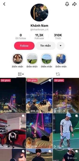 A TikTok profile page for 'Khánh Nam' (@khanhnam_crt) showing 0 Following, 11.3K Followers, 310K Likes, and video thumbnails including city nightscapes.