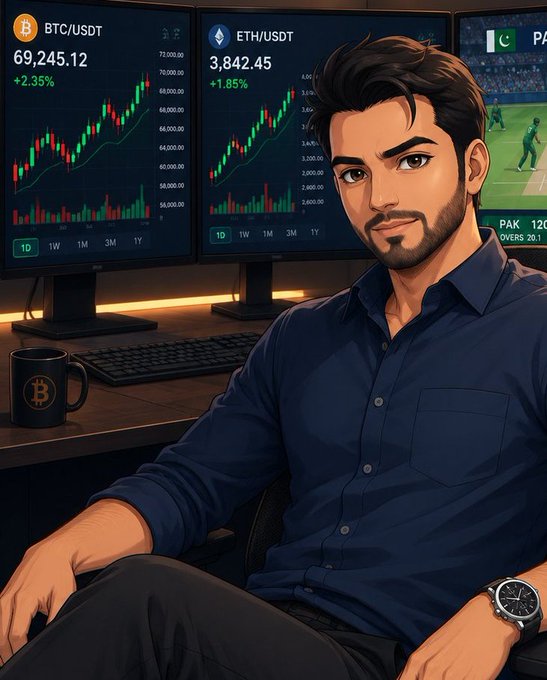 An illustrated portrait of a man seated at a desk with multiple monitors displaying crypto charts for BTC/USDT at 69,245.12 (+2.35%) and ETH/USDT at 3,842.45 (+1.85%), along with a sports broadcast showing Pakistan cricket.