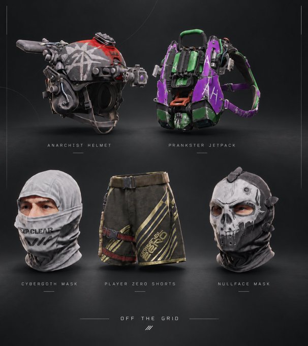 A promotional graphic titled 'OFF THE GRID' displays five tactical video game items, including an 'ANARCHIST HELMET', 'PRANKSTER JETPACK', 'CYBERGOTH MASK', 'PLAYER ZERO SHORTS', and 'NULLFACE MASK'.