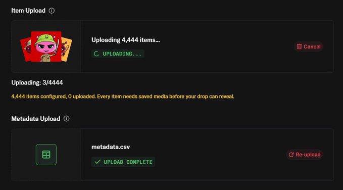 A dark-themed upload interface showing 'Item Upload' in progress with text 'Uploading 4,444 items...', 'UPLOADING...', 'Uploading: 3/4444', and a 'Metadata Upload' section marked 'UPLOAD COMPLETE' for metadata.csv.