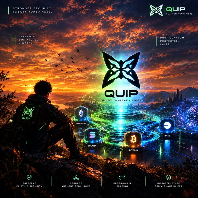An ad for 'QUIP QUANTUM-READY WEB3' displays a sunset scene with a person overlooking holographic logos for Ethereum, Solana, Bitcoin, and Base, highlighting post-quantum protection.