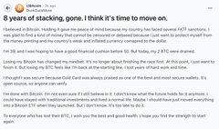 A blurry blog post titled '8 years of stacking, gone. I think it's time to move on.' discussing cryptocurrency mining, Bitcoin, Ethereum, and Coldcard wallets.
