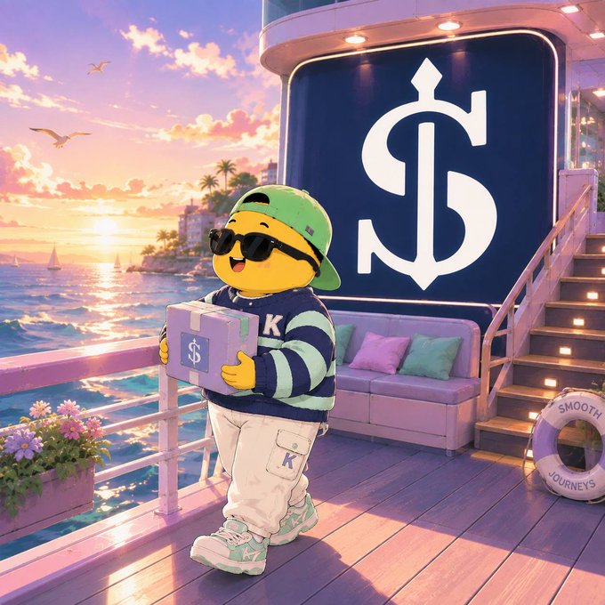 An AI-generated illustration of a yellow smiley character wearing a green cap, sunglasses, and striped shirt holding a money box with a dollar sign on a yacht at sunset.