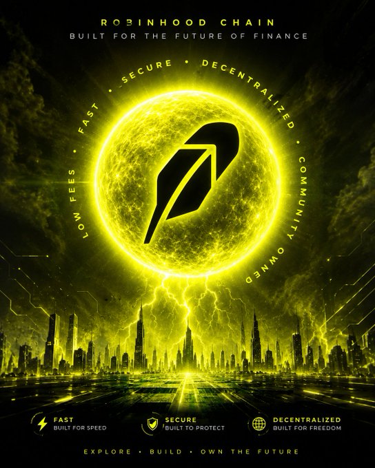 A promotional graphic for 'ROBINHOOD CHAIN' featuring a glowing yellow feather logo on a sun with a futuristic city below, highlighting 'FAST', 'SECURE', and 'DECENTRALIZED' features.