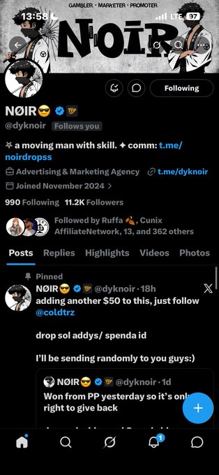 Twitter/X profile screenshot for NOIR (@dyknoir), described as 'a moving man with skill,' an Advertising & Marketing Agency, with 11.2K followers and pinned posts about adding funds and giveaways.