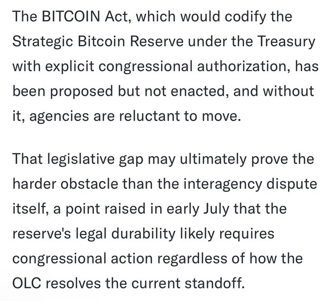 A text excerpt discussing the BITCOIN Act and the Strategic Bitcoin Reserve, noting that without explicit congressional authorization, agencies are reluctant to move.