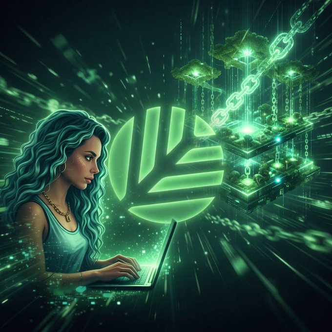 A woman with teal hair works on her laptop, with the glowing Canopy Network logo and a blockchain ecosystem of interconnected trees and chains rising from the screen, visually representing how developers can easily build blockchains in familiar languages like TypeScript, Python, Rust, and Go.