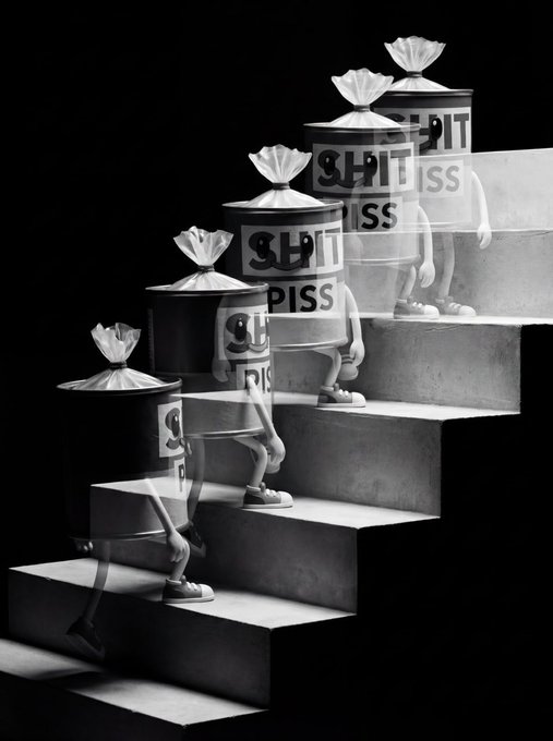 A black-and-white image showing anthropomorphic trash can characters labeled 'SHIT' and 'PISS' walking up a staircase, resembling Banksy's style.